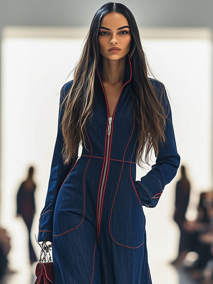 Women’s Denim Jumpsuit with Red Topstitching and Wide Legs