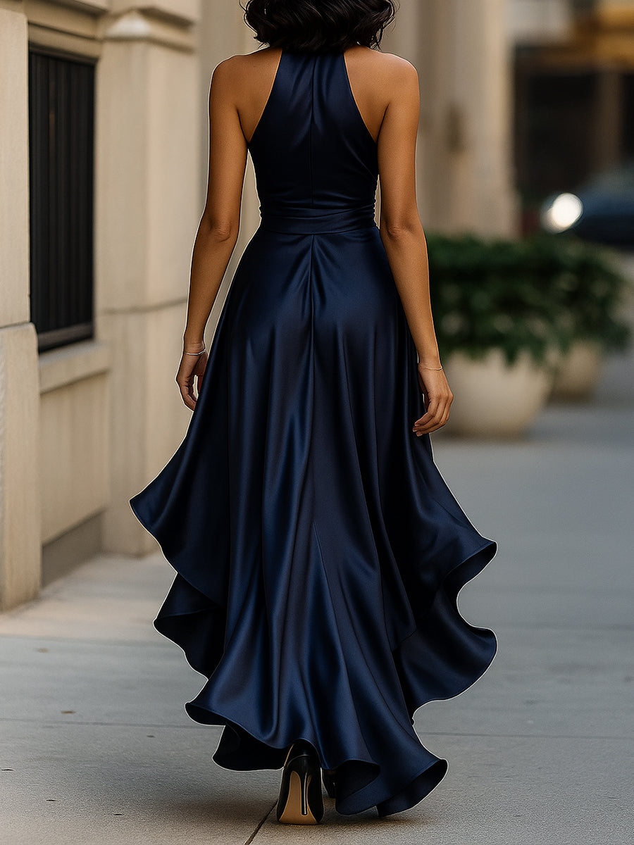 Women’s Dress Satin Gown with Halter Neckline and Ruffle Skirt