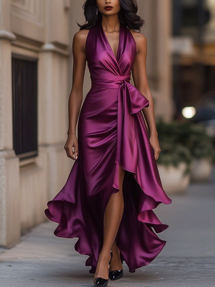 Women’s Dress Satin Gown with Halter Neckline and Ruffle Skirt