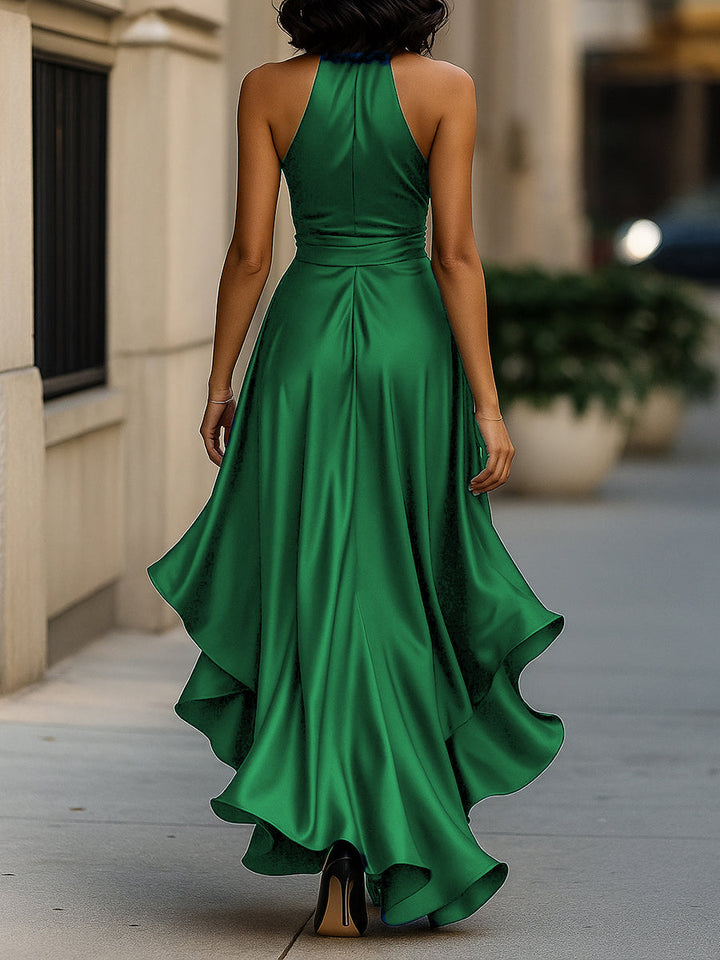 Women’s Dress Satin Gown with Halter Neckline and Ruffle Skirt