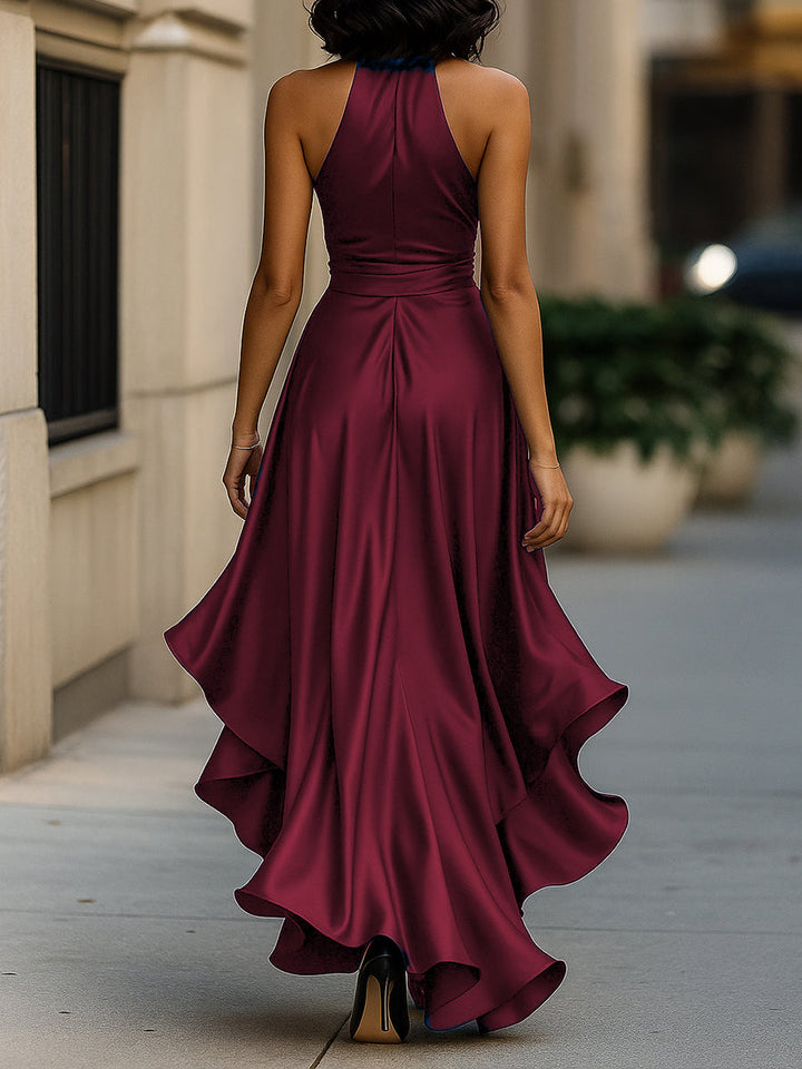 Women’s Dress Satin Gown with Halter Neckline and Ruffle Skirt