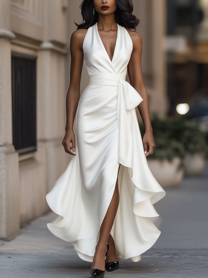 Women’s Dress Satin Gown with Halter Neckline and Ruffle Skirt