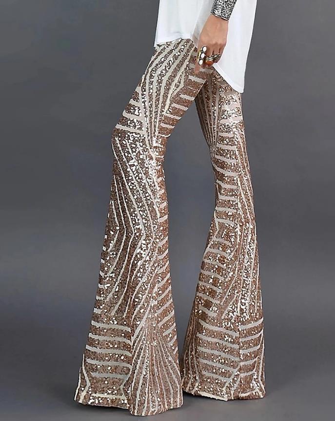Women’s Flared Sequin Trousers with Elastic Waist and Sequin Detailing