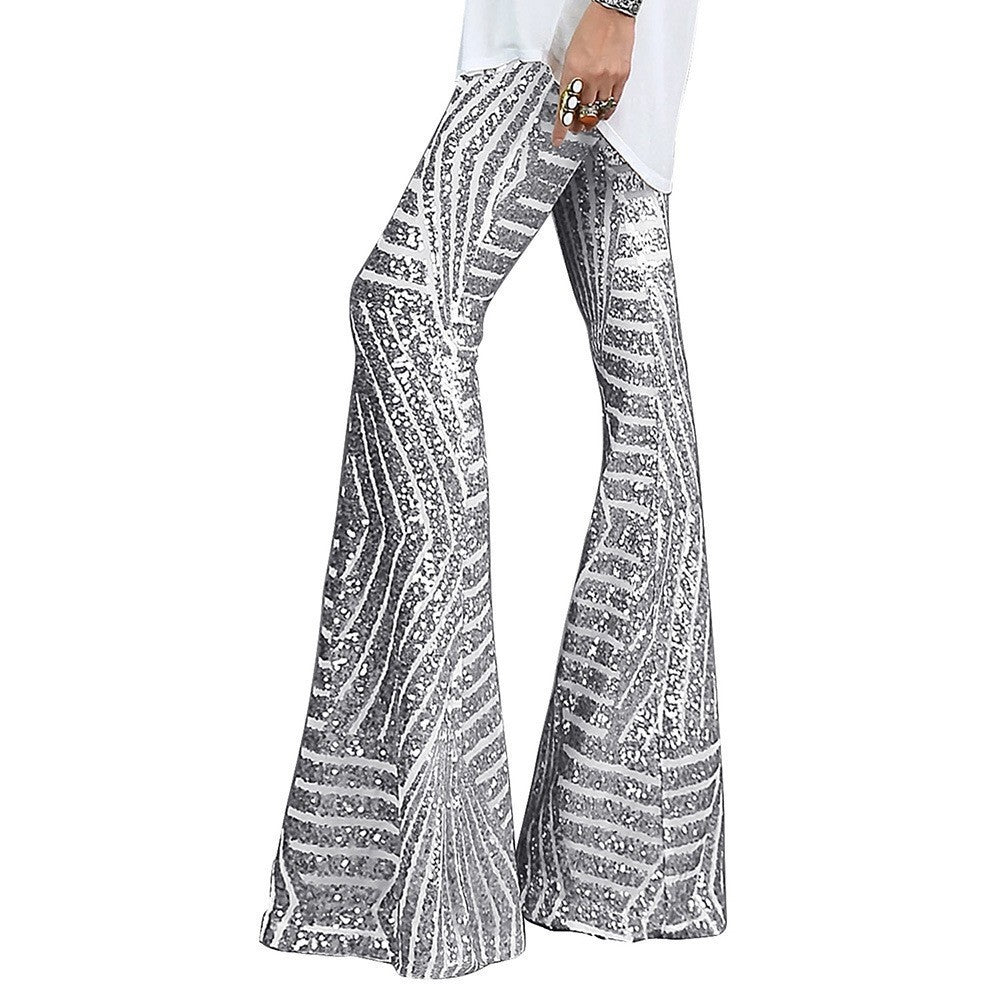 Women’s Flared Sequin Trousers with Elastic Waist and Sequin Detailing