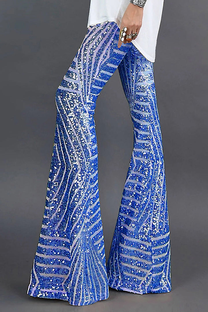Women’s Flared Sequin Trousers with Elastic Waist and Sequin Detailing