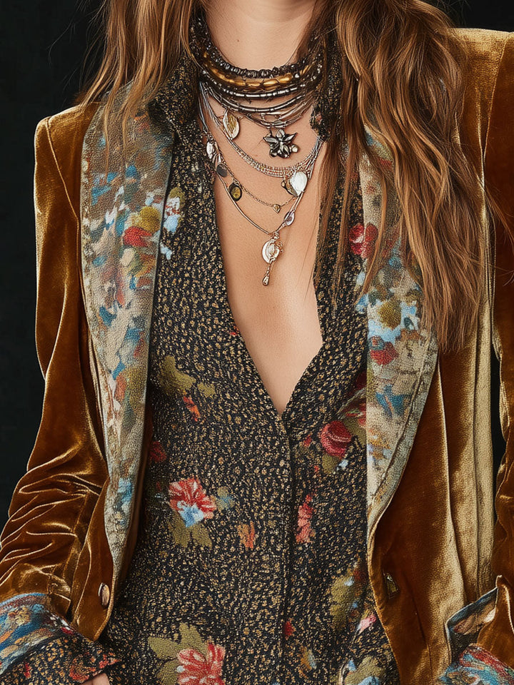Women’s Floral Print Patchwork Blazer with Vintage Lapel
