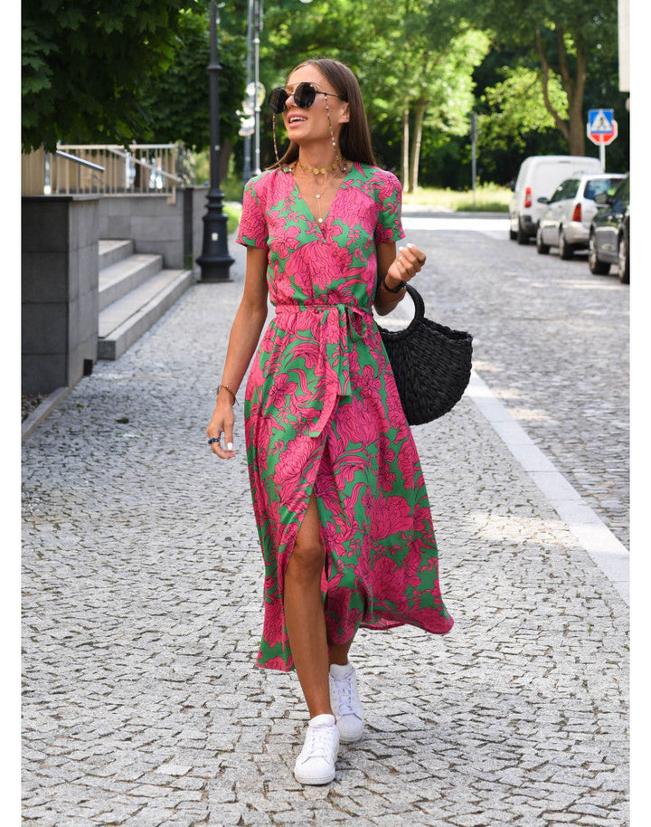 Women’s Floral Wrap Dress with V-Neck and Midi Length