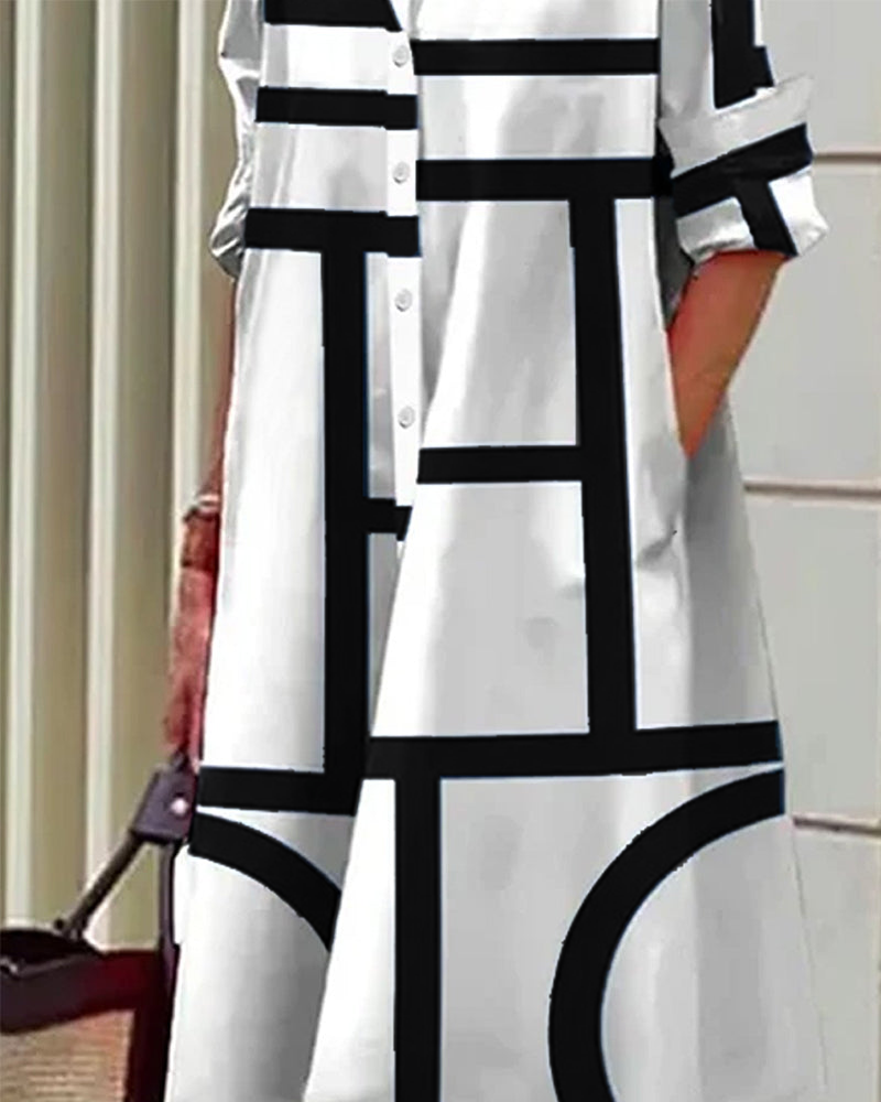 Women’s Geometric Print Dress with Side Pockets and Short Sleeves