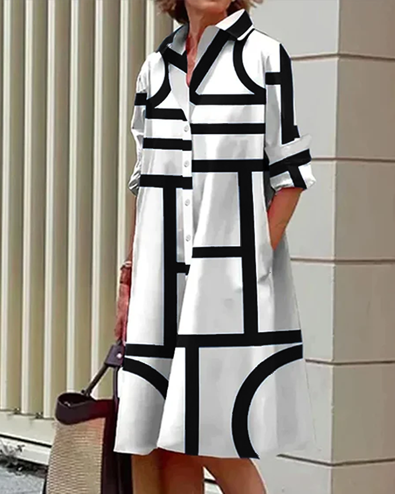 Women’s Geometric Print Dress with Side Pockets and Short Sleeves