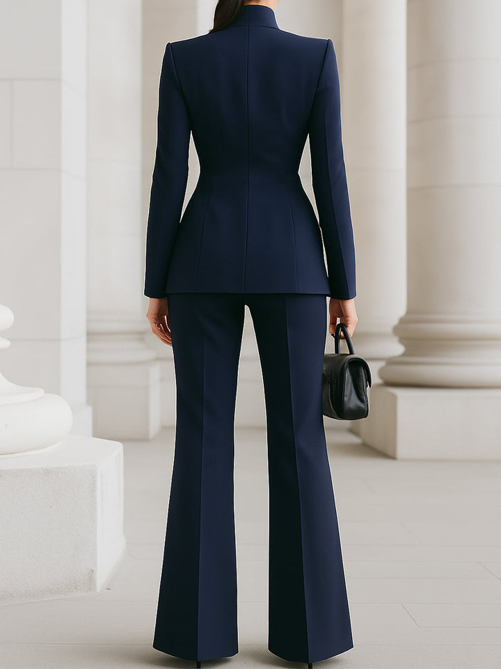 Women’s High-Collar Blazer &amp Wide-Leg Trousers Set with Button Closure