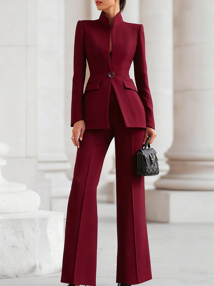 Women’s High-Collar Blazer &amp Wide-Leg Trousers Set with Button Closure