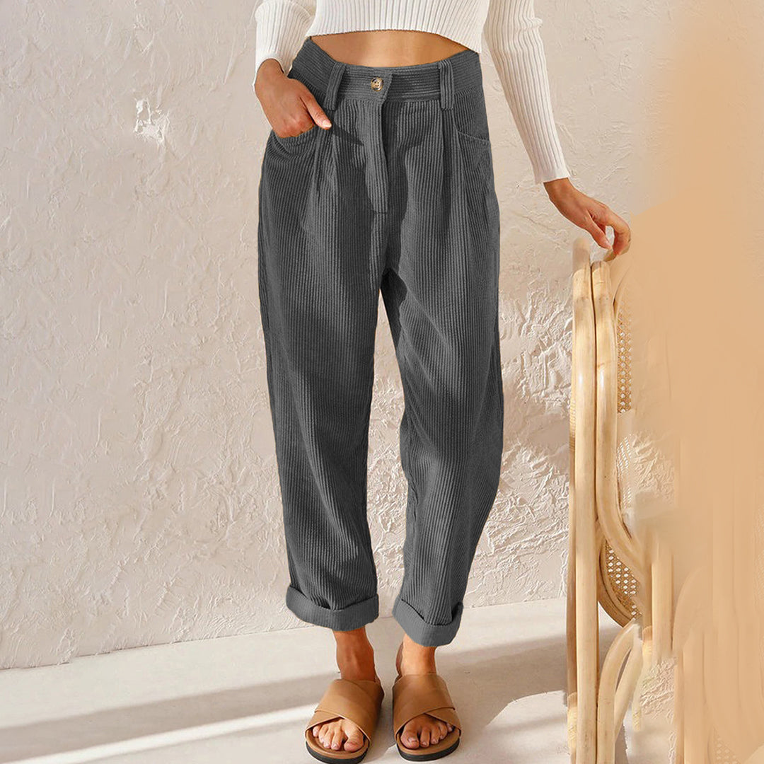 Women’s High-Waisted Corduroy Pants with Zipper Closure and Side Pockets