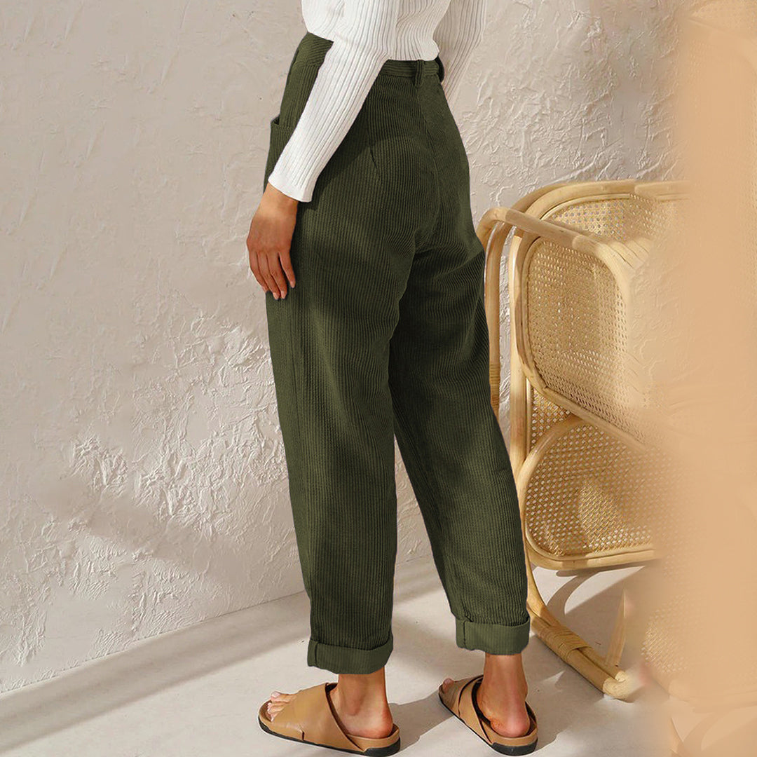 Women’s High-Waisted Corduroy Pants with Zipper Closure and Side Pockets