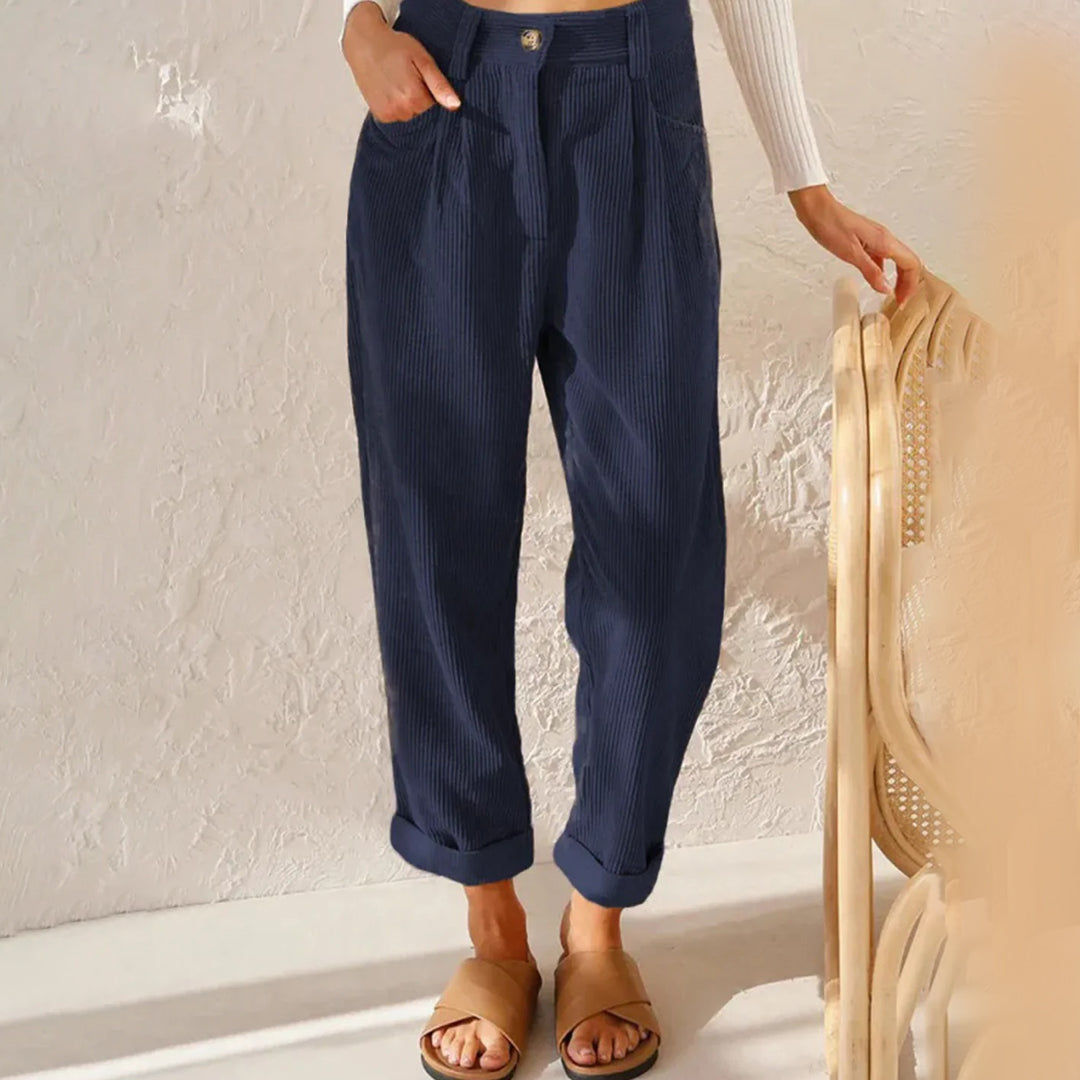 Women’s High-Waisted Corduroy Pants with Zipper Closure and Side Pockets