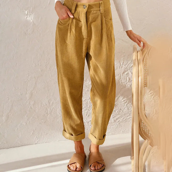 Women’s High-Waisted Corduroy Pants with Zipper Closure and Side Pockets