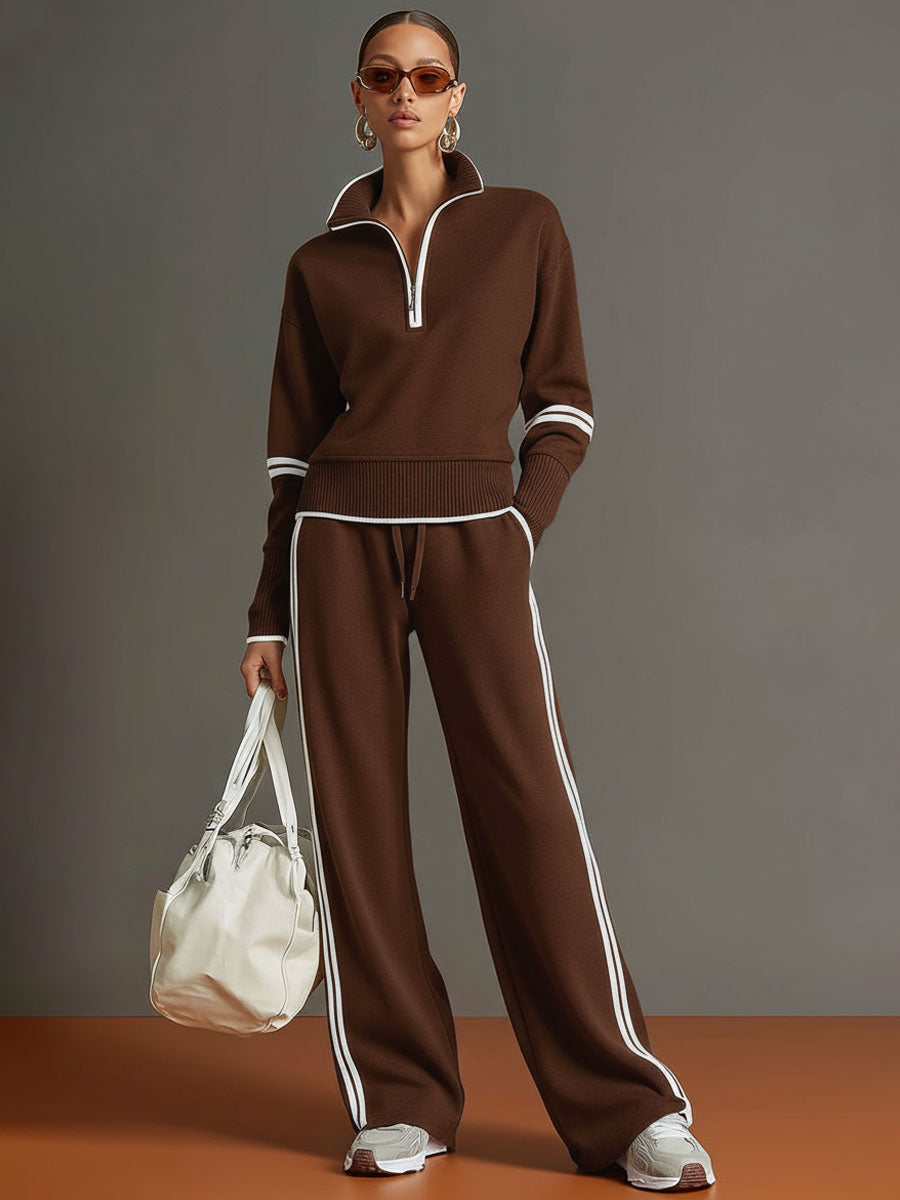Women’s Jumper Wide-Leg Pants Set with Half-Zip and Webbing Detail