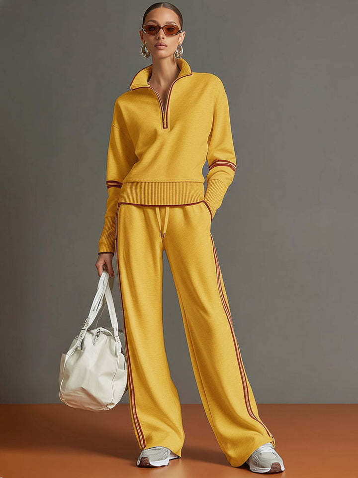 Women’s Jumper Wide-Leg Pants Set with Half-Zip and Webbing Detail