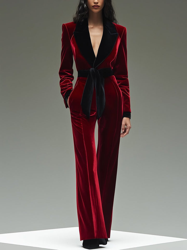 Women’s Jumpsuit with Lapel Collar and Belted Waist