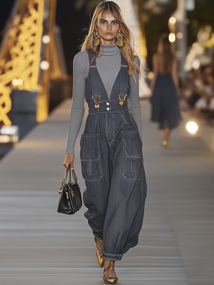 Women’s Jumpsuit with V-Neckline and Adjustable Suspender Straps