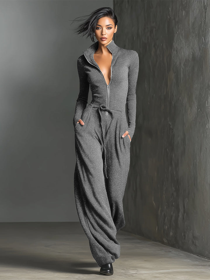 Womens Knit Zipper Front Jumpsuit with Wide Legs