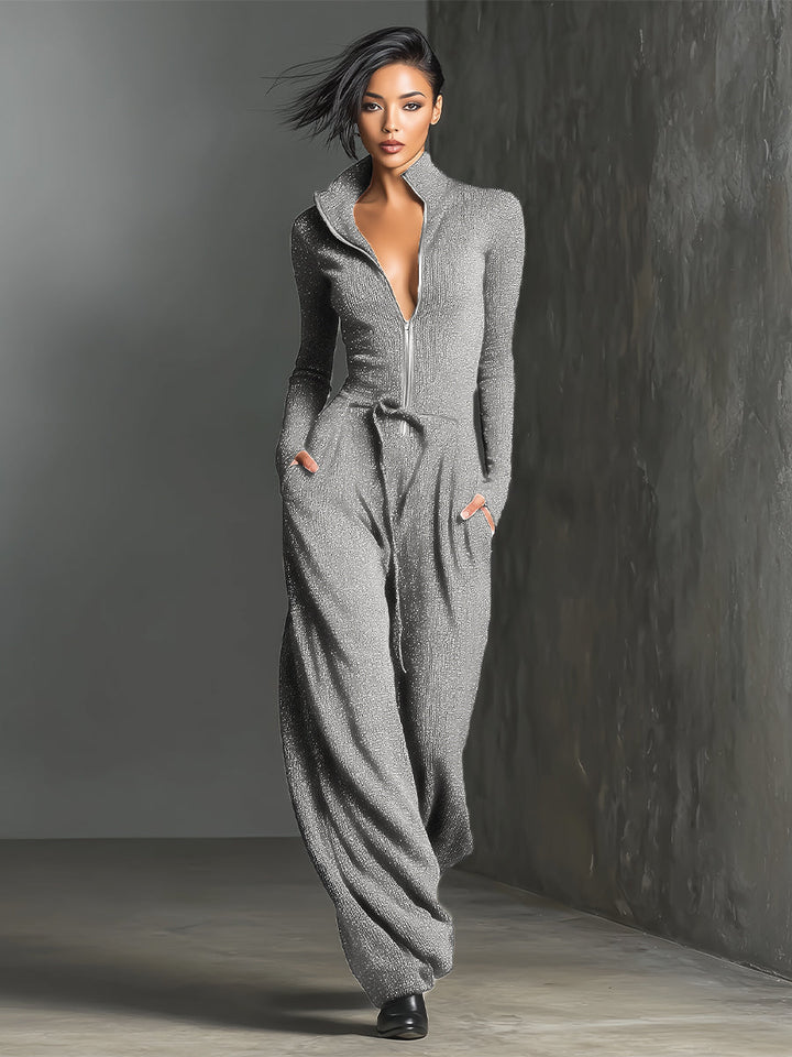 Womens Knit Zipper Front Jumpsuit with Wide Legs