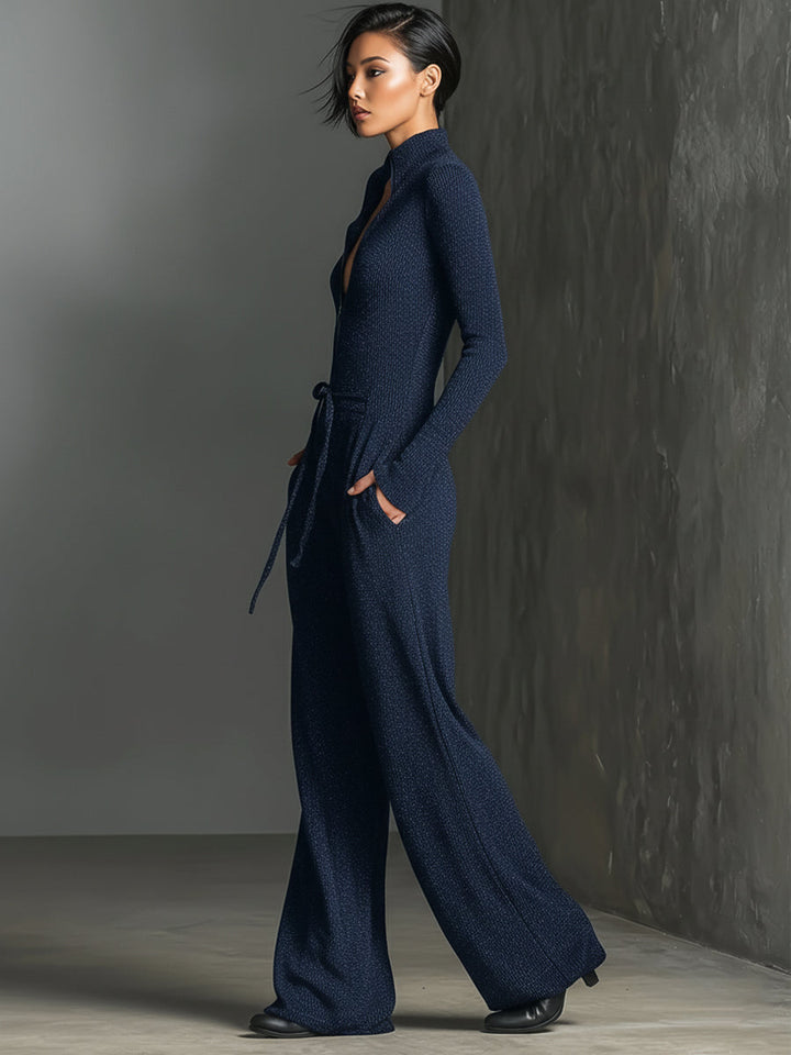 Womens Knit Zipper Front Jumpsuit with Wide Legs