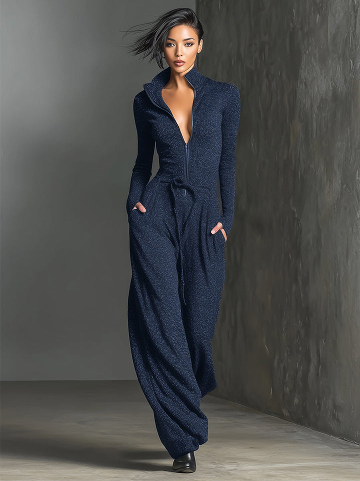 Womens Knit Zipper Front Jumpsuit with Wide Legs