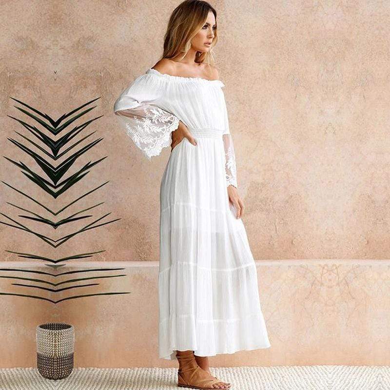 Women’s Lace Beach Maxi Dress with Off-Shoulder Neckline and Flared Skirt