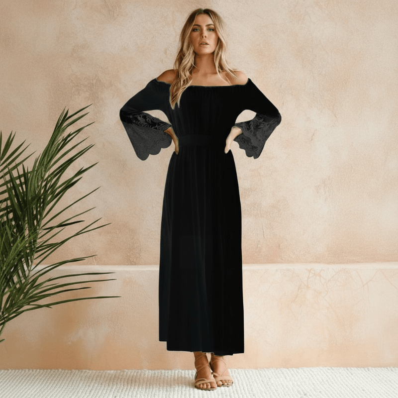 Women’s Lace Beach Maxi Dress with Off-Shoulder Neckline and Flared Skirt