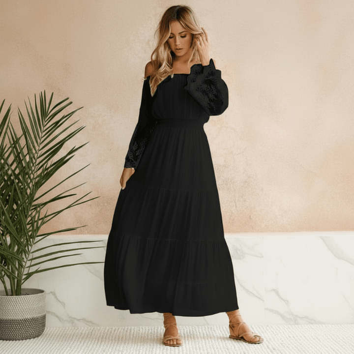Women’s Lace Beach Maxi Dress with Off-Shoulder Neckline and Flared Skirt