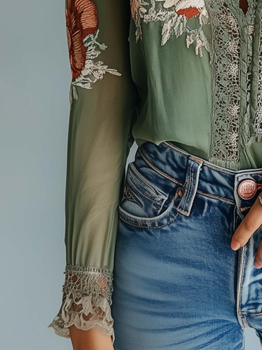 Women's Lace Blouse with Floral Print and Sheer Sleeves