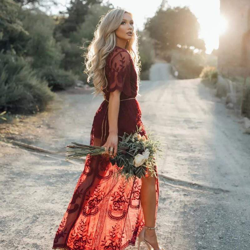 Women’s Lace Tulle Maxi Dress with V-Neckline and Floral Embroidery