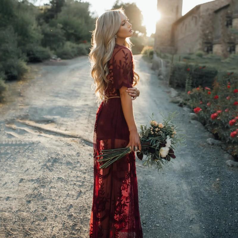 Women’s Lace Tulle Maxi Dress with V-Neckline and Floral Embroidery