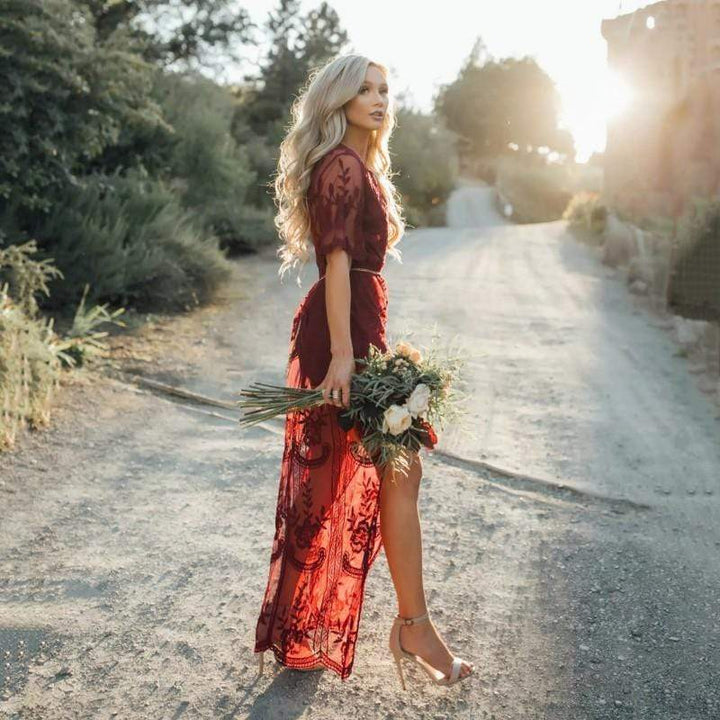 Women’s Lace Tulle Maxi Dress with V-Neckline and Floral Embroidery