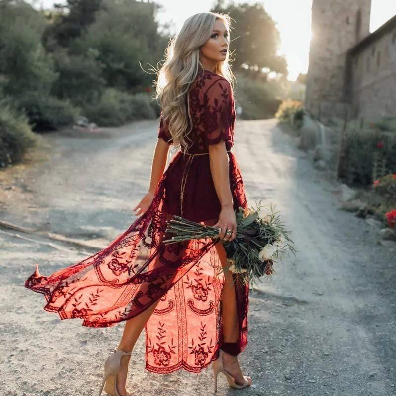 Women’s Lace Tulle Maxi Dress with V-Neckline and Floral Embroidery