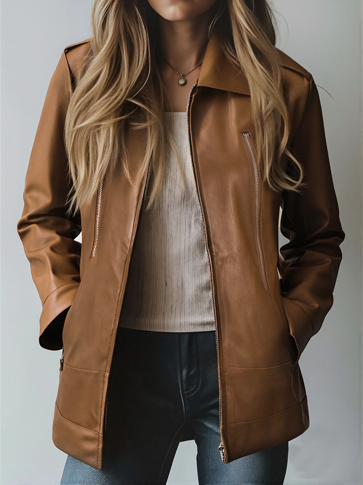 Women’s Lapel Zipper Faux Jacket with Zipper Closure