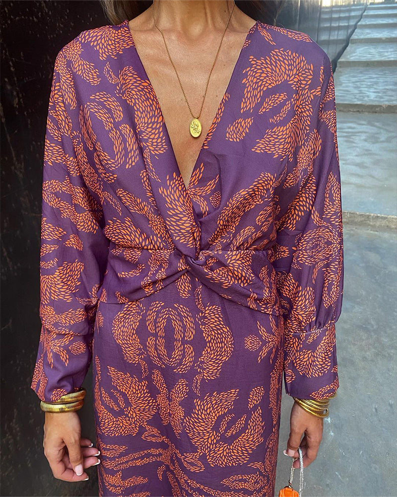 Women’s Long Sleeve V-Neck Boho Summer Dress with Maxi Length