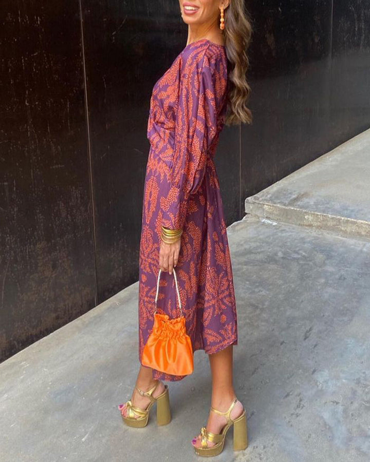 Women’s Long Sleeve V-Neck Boho Summer Dress with Maxi Length