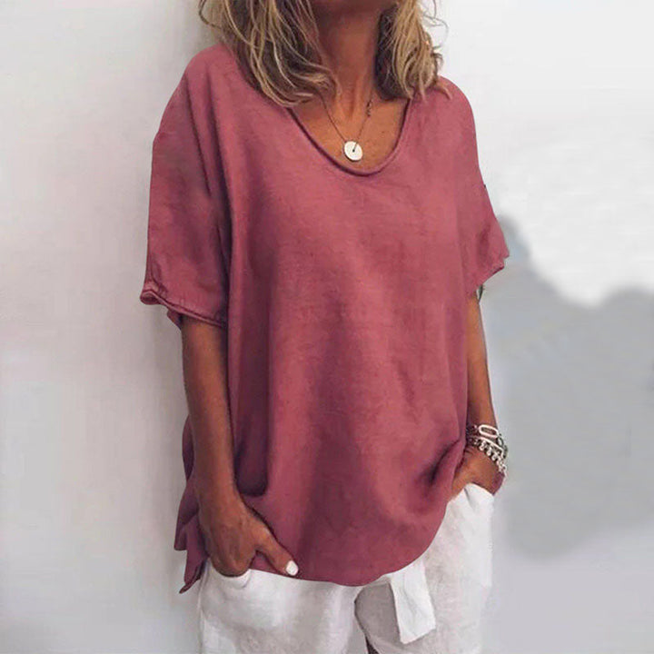 Women’s Loose Blouse with V-Neck and Short Sleeves