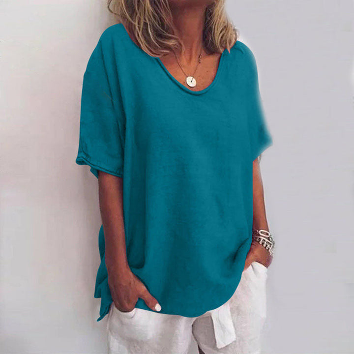 Women’s Loose Blouse with V-Neck and Short Sleeves