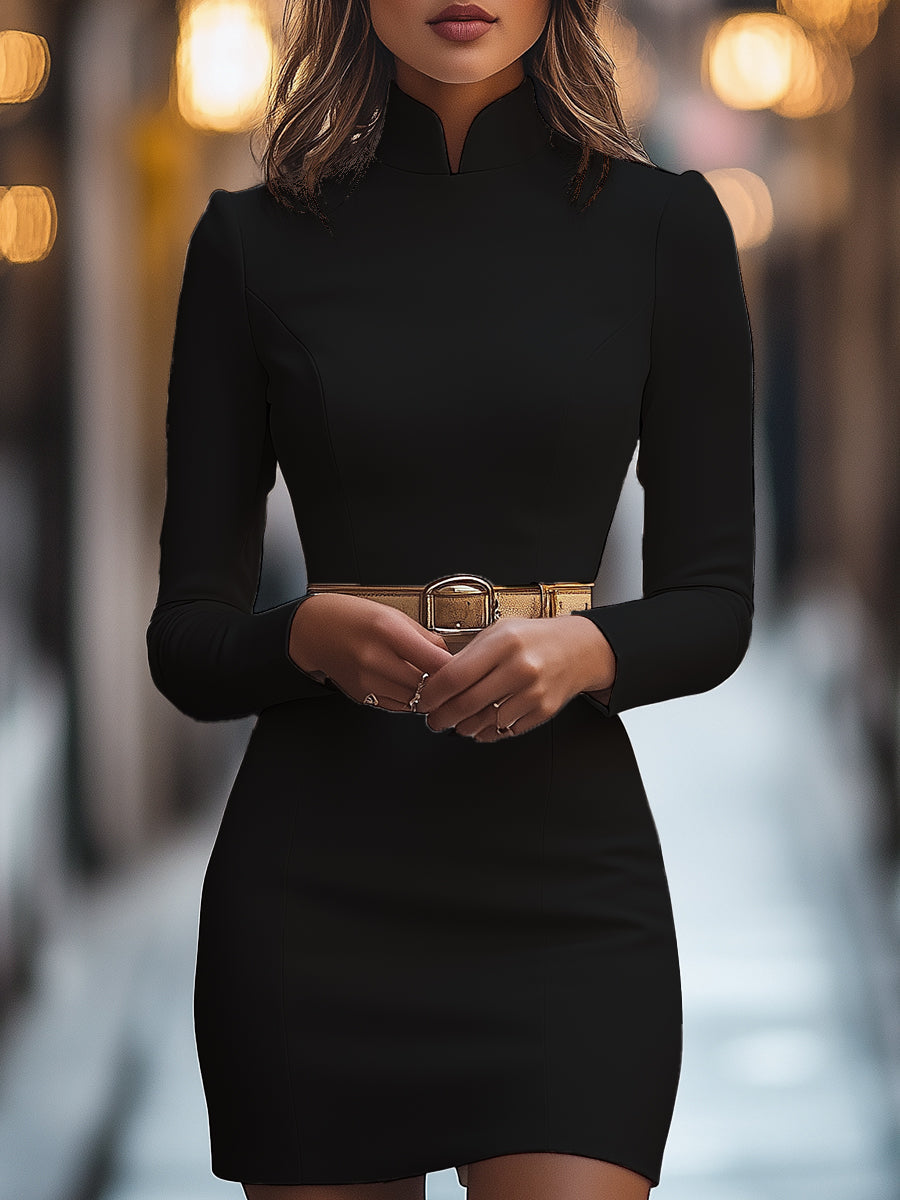 Women’s Mandarin Collar Dress with Belt Design and Button Closure