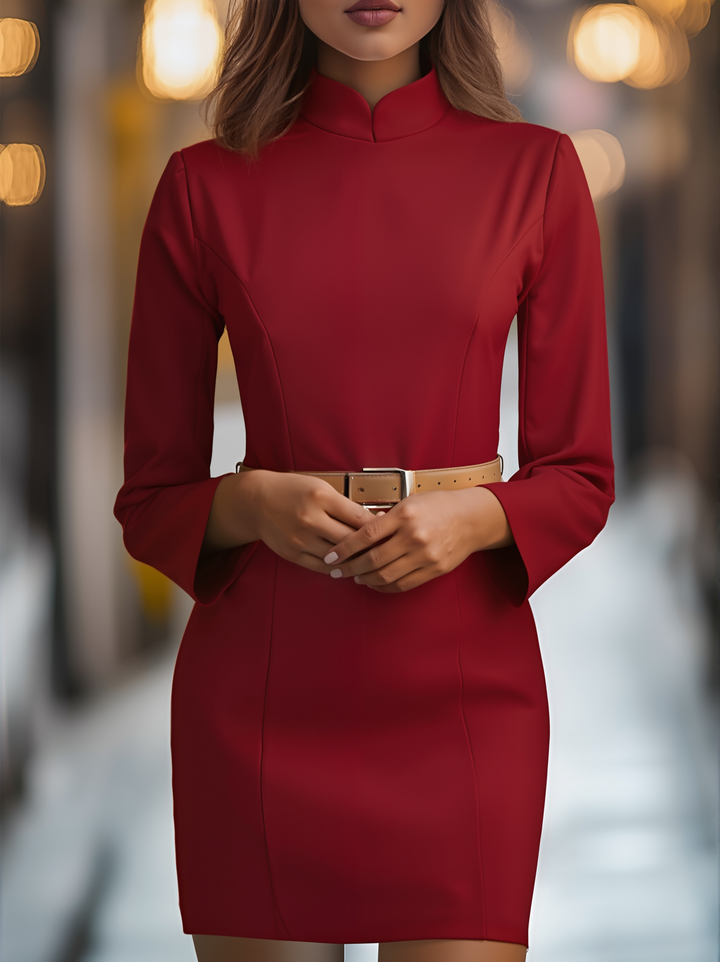 Women’s Mandarin Collar Dress with Belt Design and Button Closure