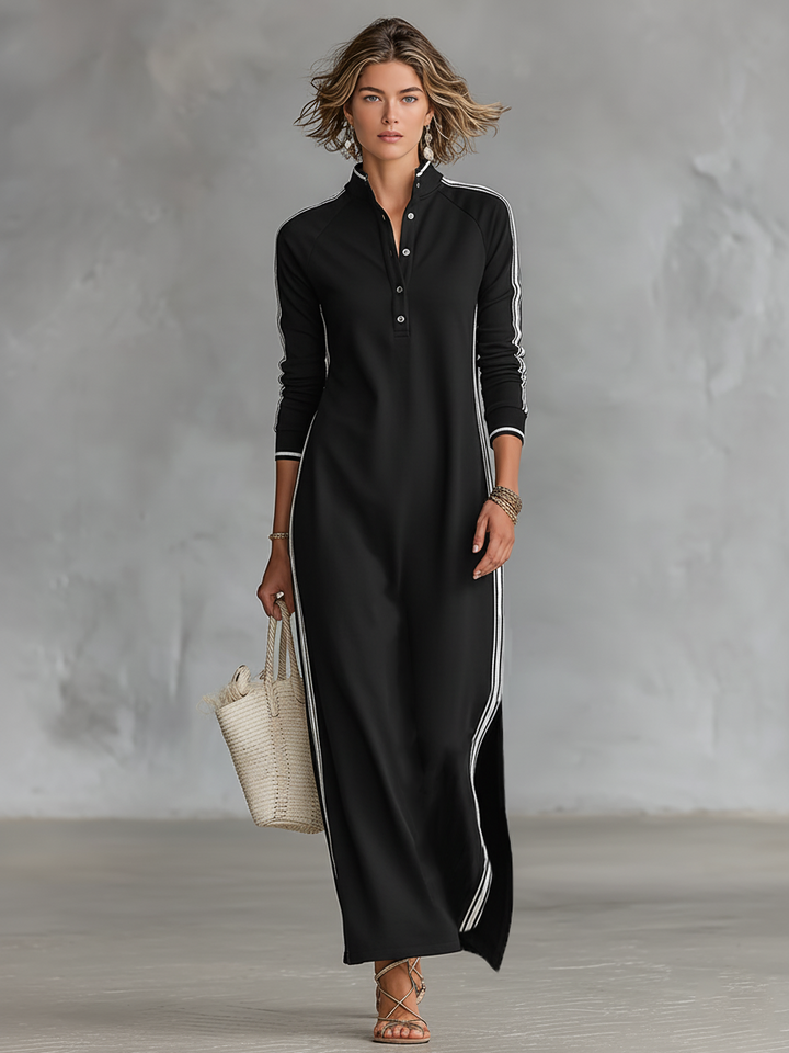 Womens Maxi Dress with Button‑Down Collar and White Trim