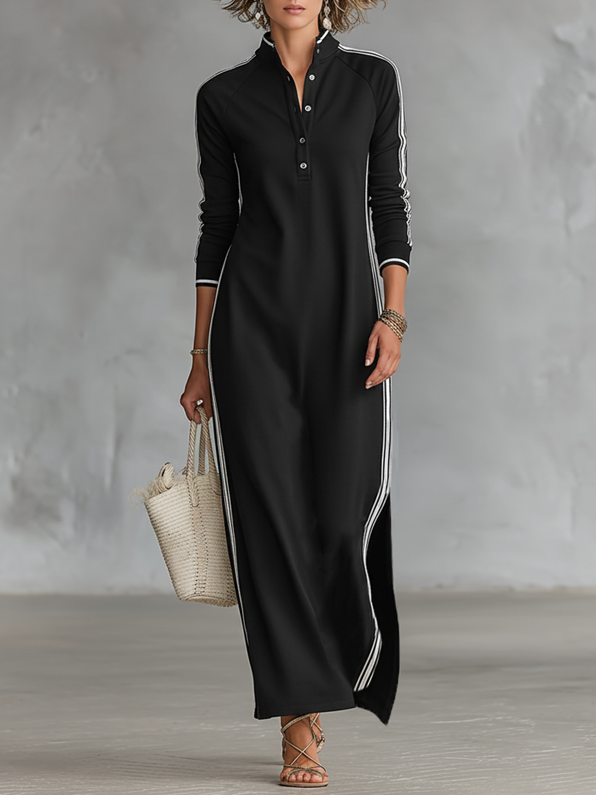 Womens Maxi Dress with Button‑Down Collar and White Trim