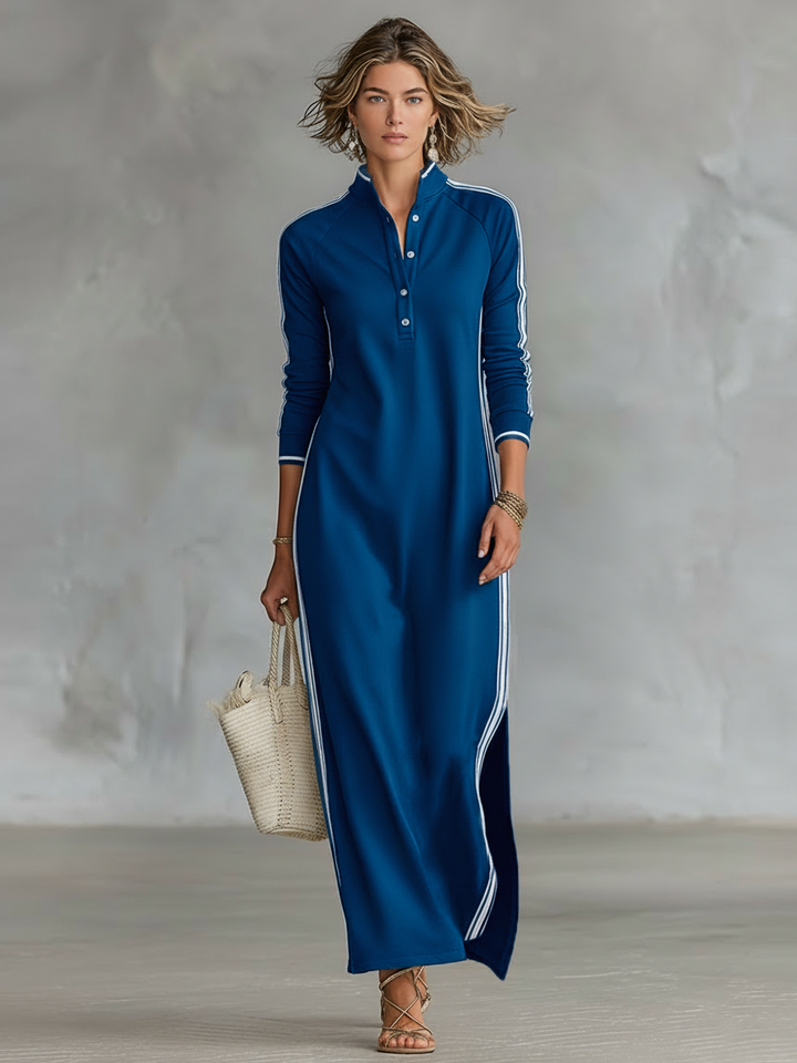 Womens Maxi Dress with Button‑Down Collar and White Trim