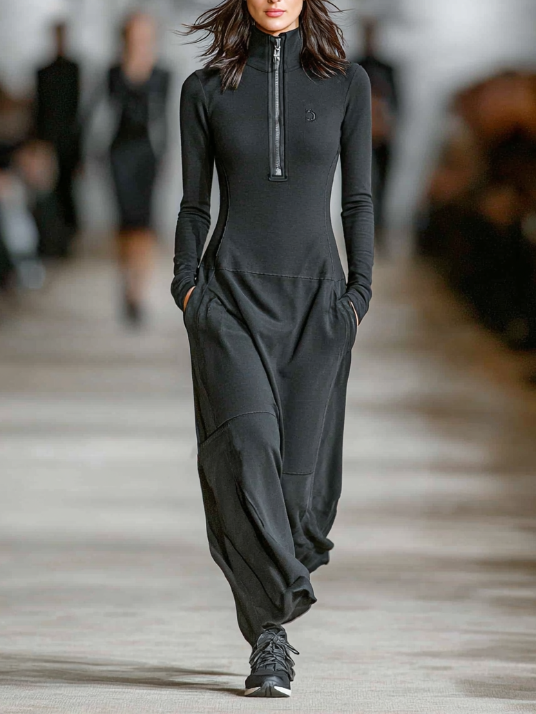 Women’s Maxi Dress with Half‑High Collar and Zipper Closure