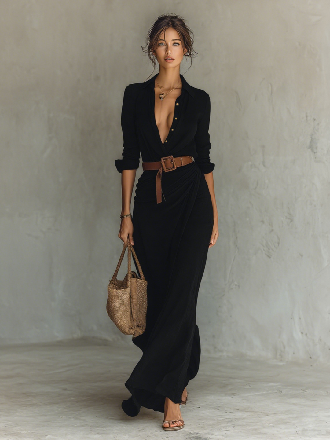 Womens Maxi Dress with Lapel Collar and Belted Waist