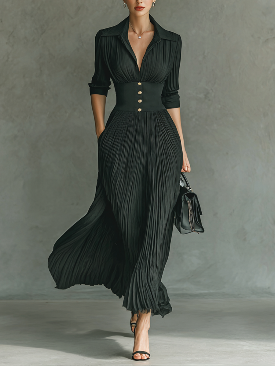 Womens Maxi Dress with Lapel Collar and Pleated Waist