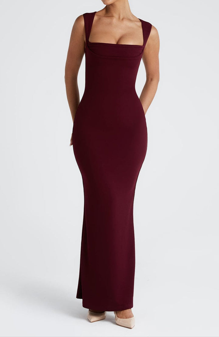 Women’s Maxi Dress with Square Neckline and Pleated Bust