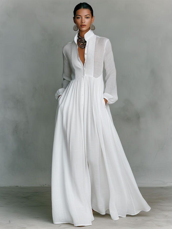 Womens Maxi Dress with Stand‑up Collar and Patchwork Details